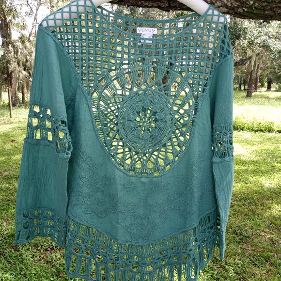 Trendy teal Boho open crochet top shirt cover up - Picture 15 of 15